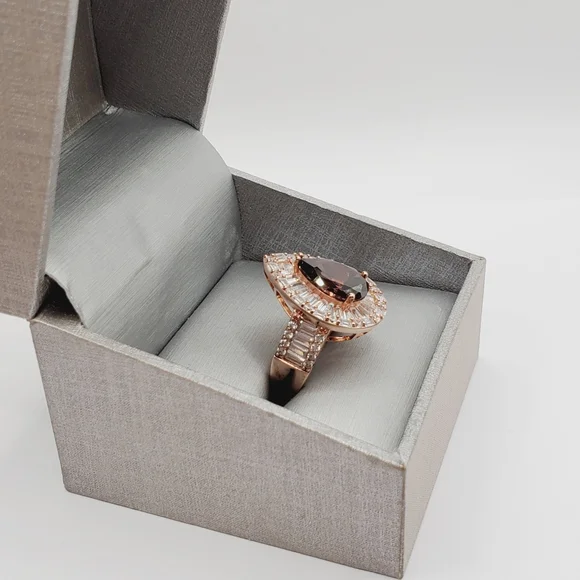 Smoky Quartz & Diamond Simulants 18k Rose Gold - 925 Silver Double Halo Ring - Picture 2 of 6